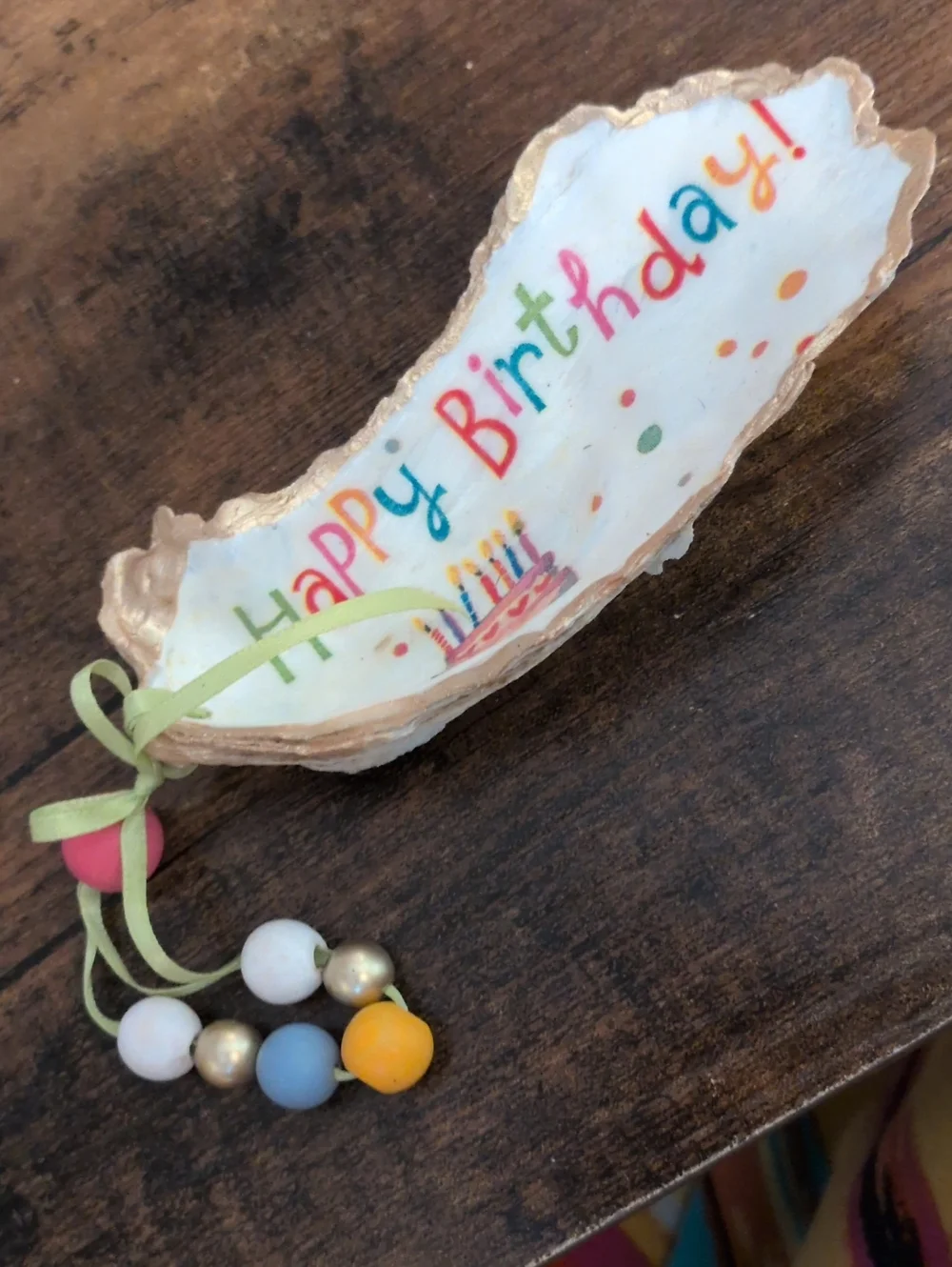 Happy Birthday Oyster Shell Trinket Dish with Multicolor Bead Tassel